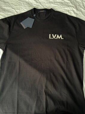 Louis Vuitton Black Tee with Cream L.V.M. Embroidery